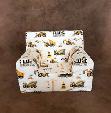 Încarcă imaginea în vizualizatorul Galerie, Fotoliu pentru Copii, Alb cu Excavatoare, Bumbac, TWINDECO Excavators Kids Armchair