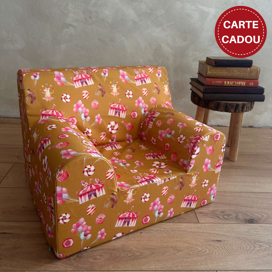 Fotoliu pentru copii Galben Muștar cu Roz Circ, Bumbac, TWINDECO Circus Kids Armchair