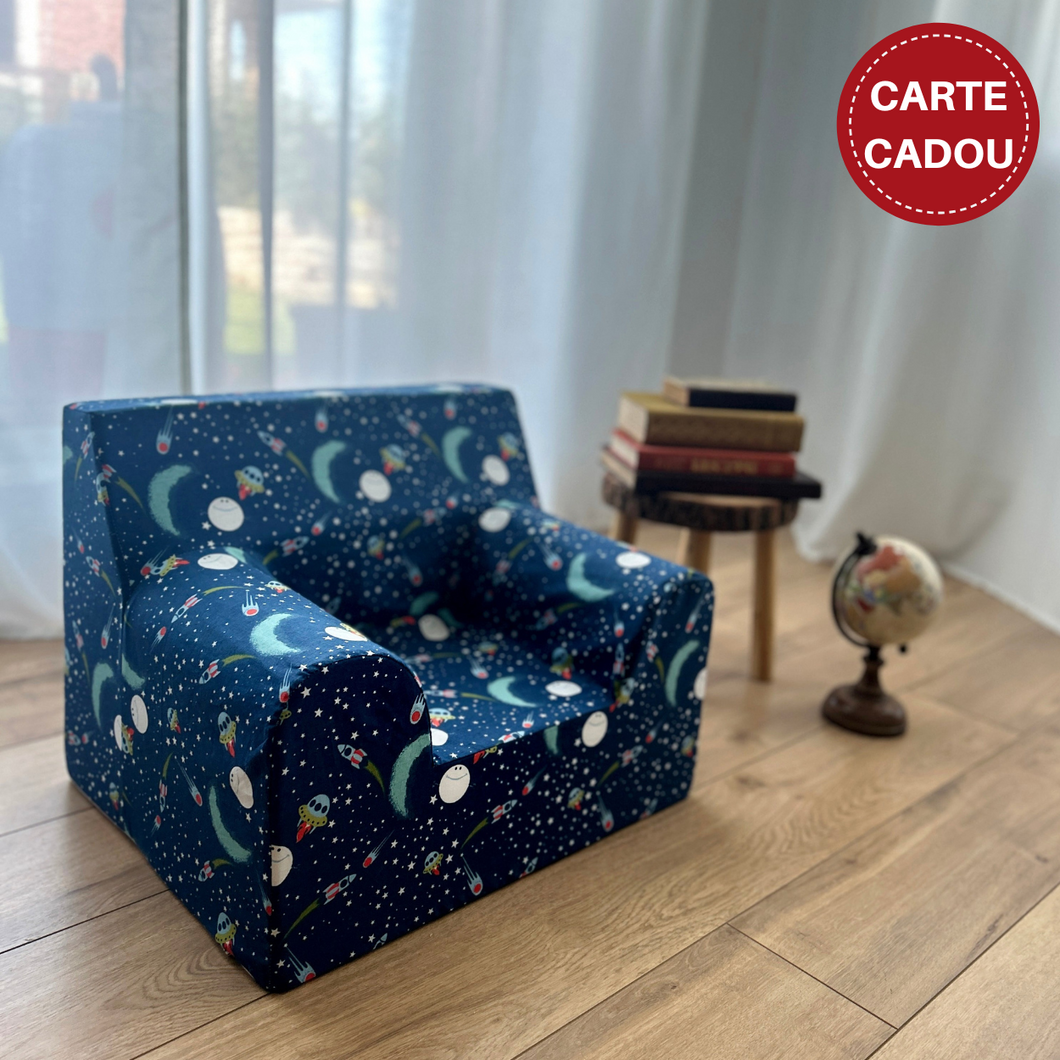 Fotoliu pentru Copii, Albastru Închis cu Rachete în Spațiu, Bumbac, TWINDECO Rockets Kids Armchair