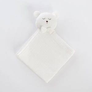 Cadou jucarie nou nascut, minipăturică somn bebe Ursuleț alb, muselină, TWINDECO White Sleepy Teddy
