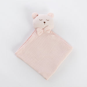 Cadou jucarie nou nascut, minipăturică somn bebe Ursuleț roz, muselină, TWINDECO Pink Sleepy Teddy
