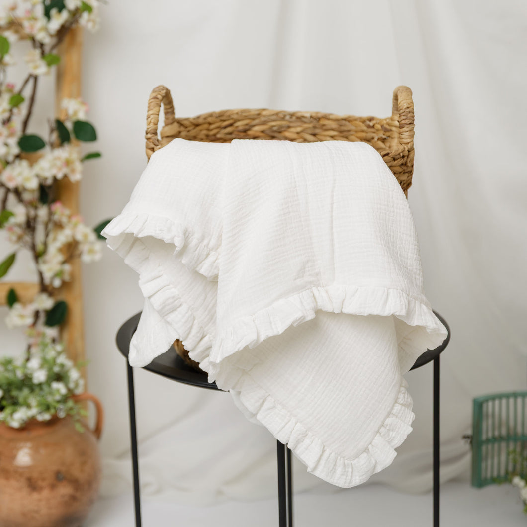 Păturică muselină cu volănașe, Alb, 90x95cm TWINDECO White Cotton Flower