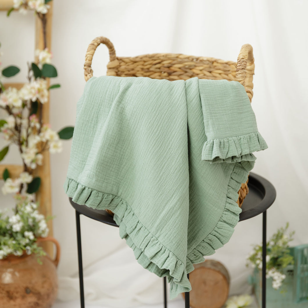 Păturică muselină cu volănașe, mint, 90x95cm TWINDECO Mint Cotton Flower