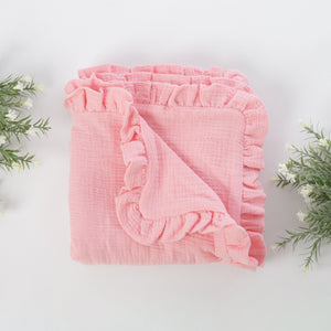 Păturică muselină cu volănașe, Roz coral, 90x95cm TWINDECO Coral Pink Cotton Flower