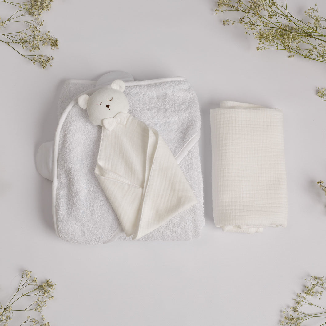 Set Cadou pentru Nou-nascut cu minipaturica Ursulet, Prosop hands-free, paturica muselina simpla