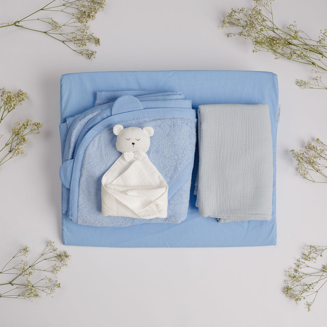Set Cadou pentru Nou-nascut Pernă Plan Înclinat, prosop 100x100 cm, păturică muselină simplă, minipăturică somn