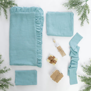 Set Trusou Botez Muselină Albastru Cyan Dublată TWINDECO Cyan Cotton Flower