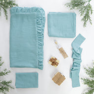 Set Trusou Botez Muselină Albastru Cyan Dublată TWINDECO Cyan Cotton Flower