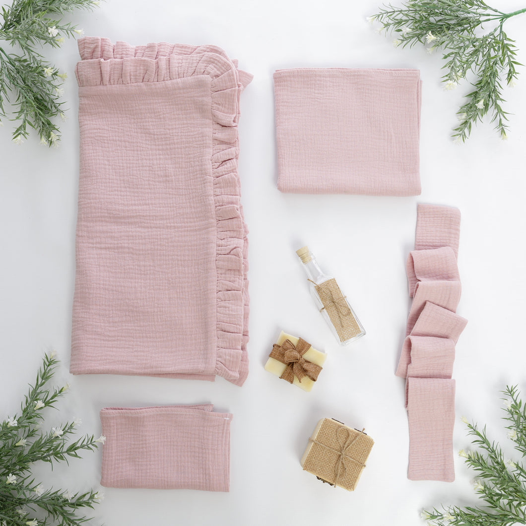 Set Trusou Botez Muselină Roz Antic Dublată TWINDECO Old Pink Cotton Flower