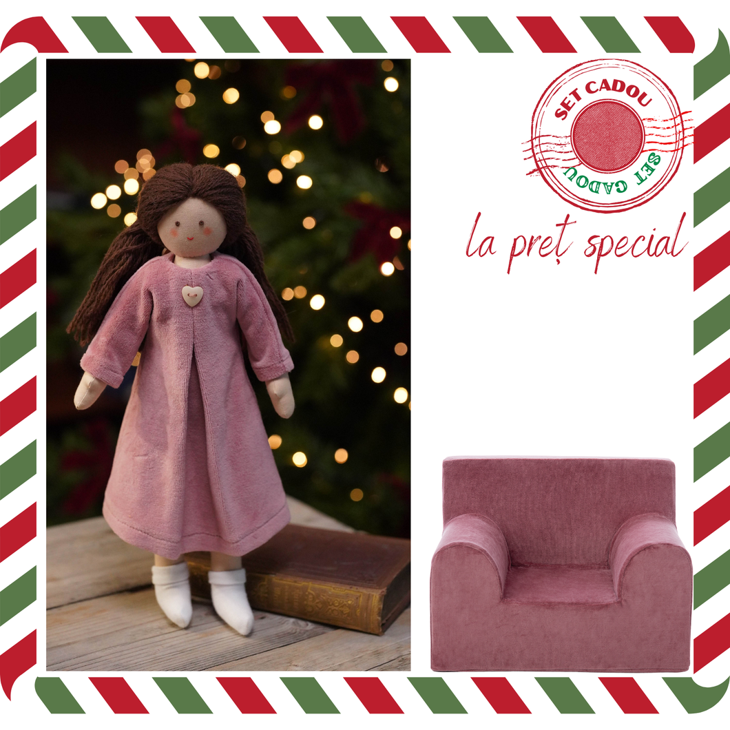 Set Cadou Păpușă textilă Twinkle Doll + fotoliu pentru copii, Roz Antic, TWINDECO Antique Pink Velvet