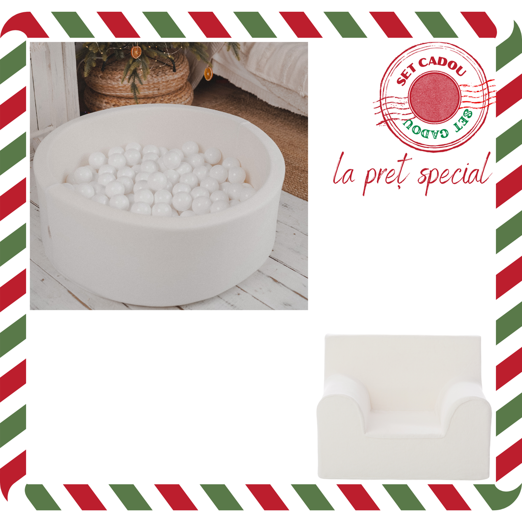 Set Cadou Craciun Piscina cu bile + fotoliu pentru copii, Alb, TWINDECO Christmas