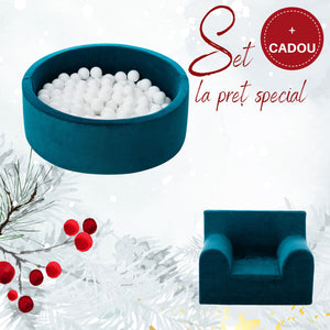 Set Cadou Craciun Piscina cu bile + fotoliu pentru copii, Albastru Petrol, TWINDECO Christmas