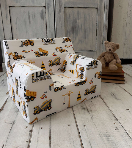 Fotoliu pentru Copii, Alb cu Excavatoare, Bumbac, TWINDECO Excavators Kids Armchair