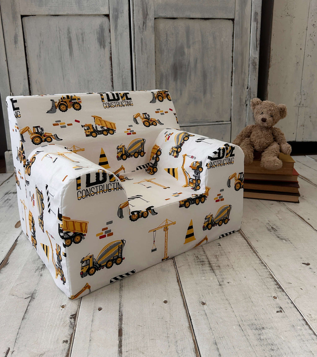 Fotoliu pentru Copii, Alb cu Excavatoare, Bumbac, TWINDECO Excavators Kids Armchair