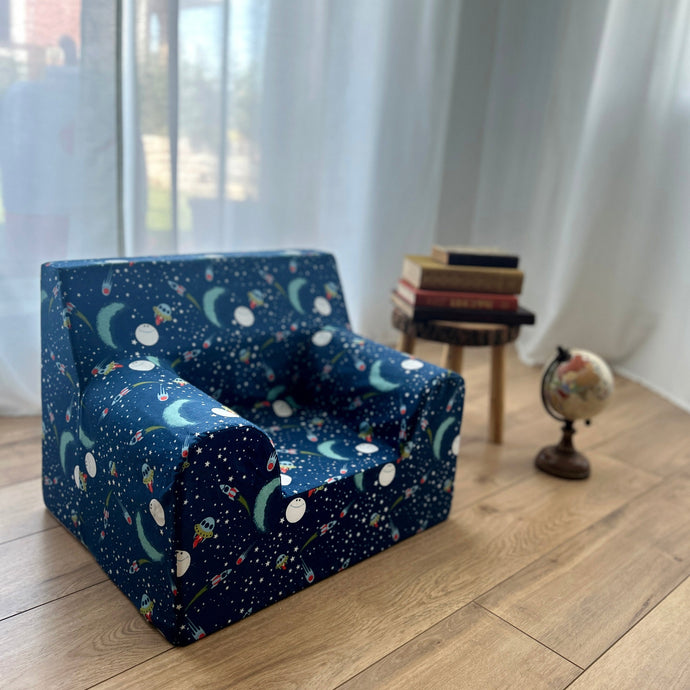 Fotoliu pentru Copii, Albastru Închis cu Rachete în Spațiu, Bumbac, TWINDECO Rockets Kids Armchair