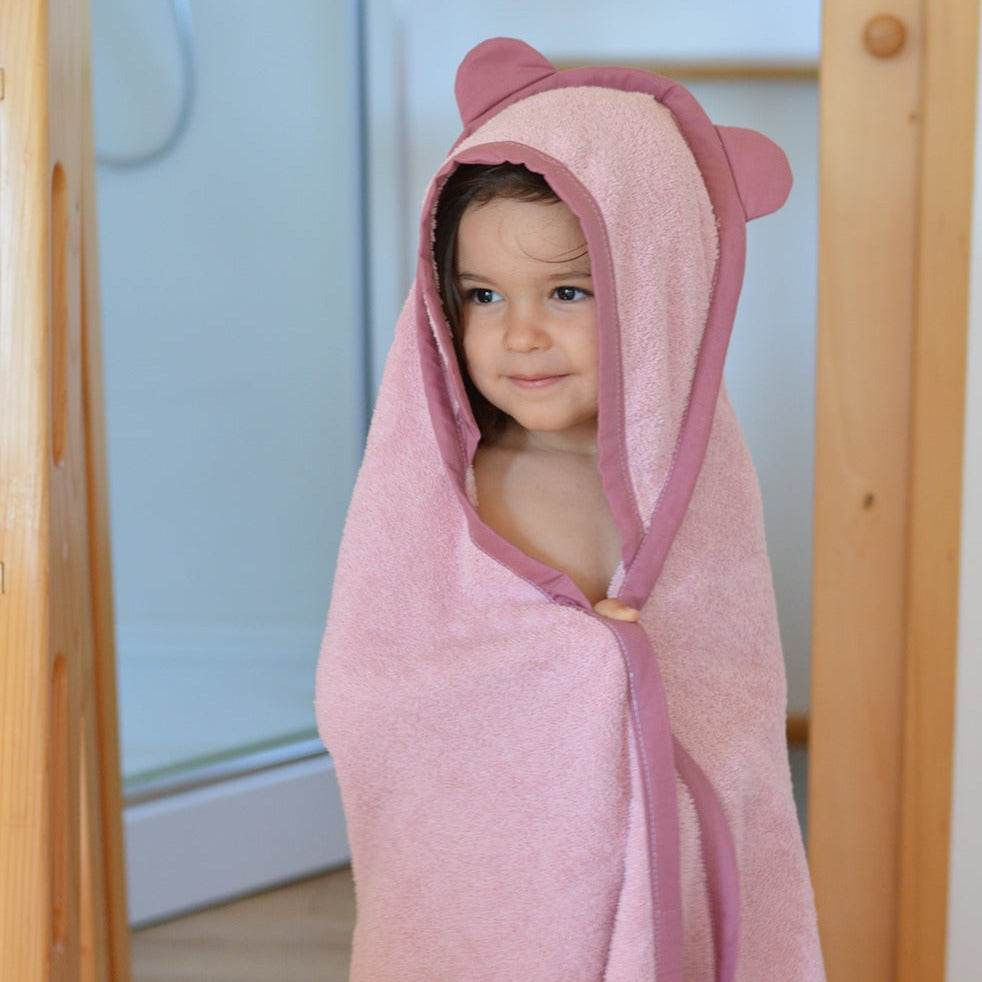 Prosop de baie pentru copii, cu glugă și urechi, roz